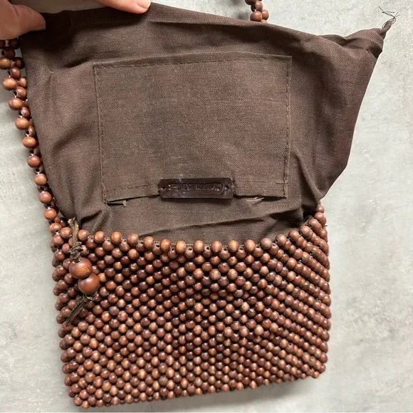 Classiques Entier‎ Wooden Beaded Small Purse Bag Brown Crossbody Boho Zip - Picture 12 of 12